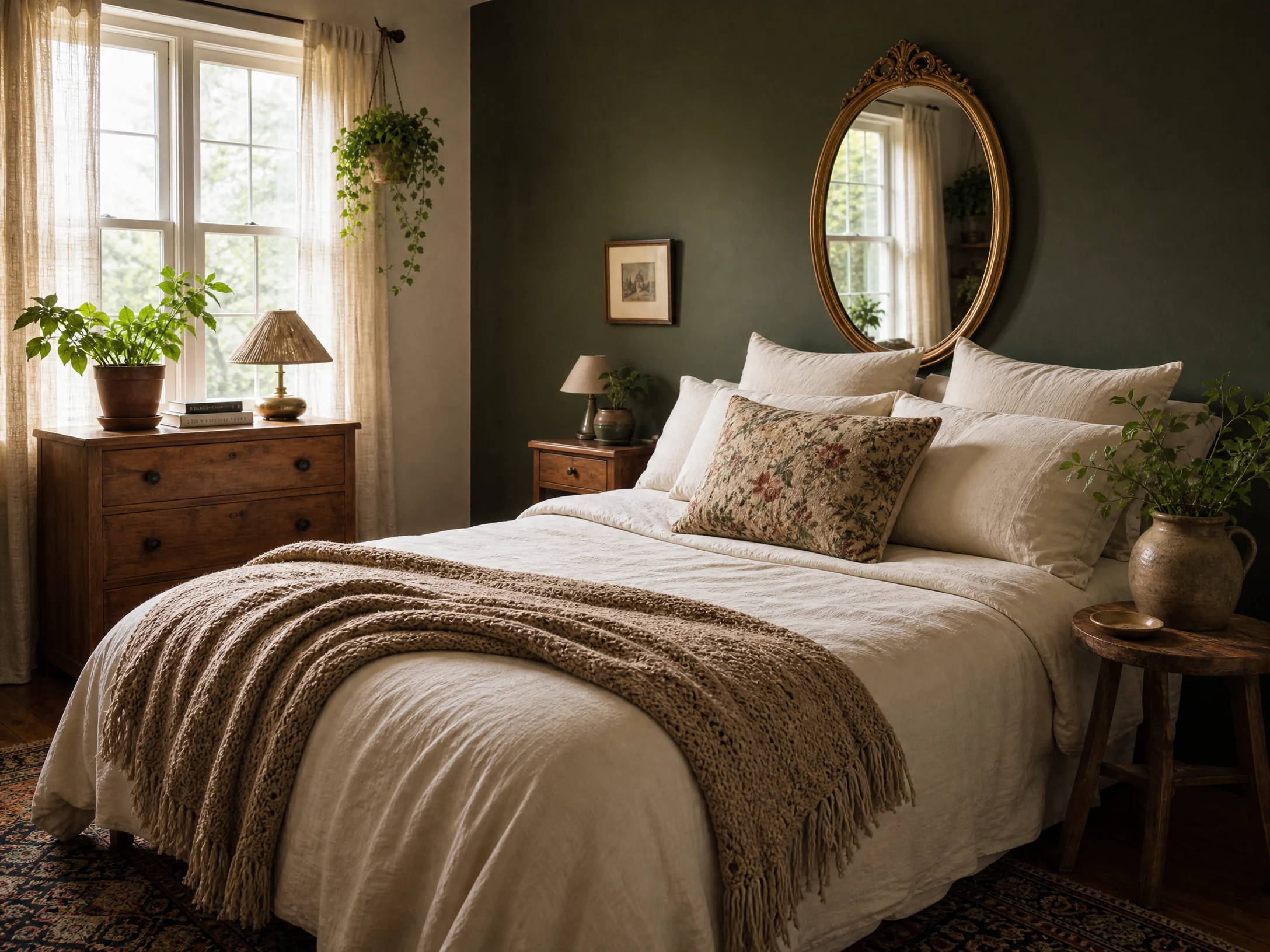Deep green and cream cottage bedroom