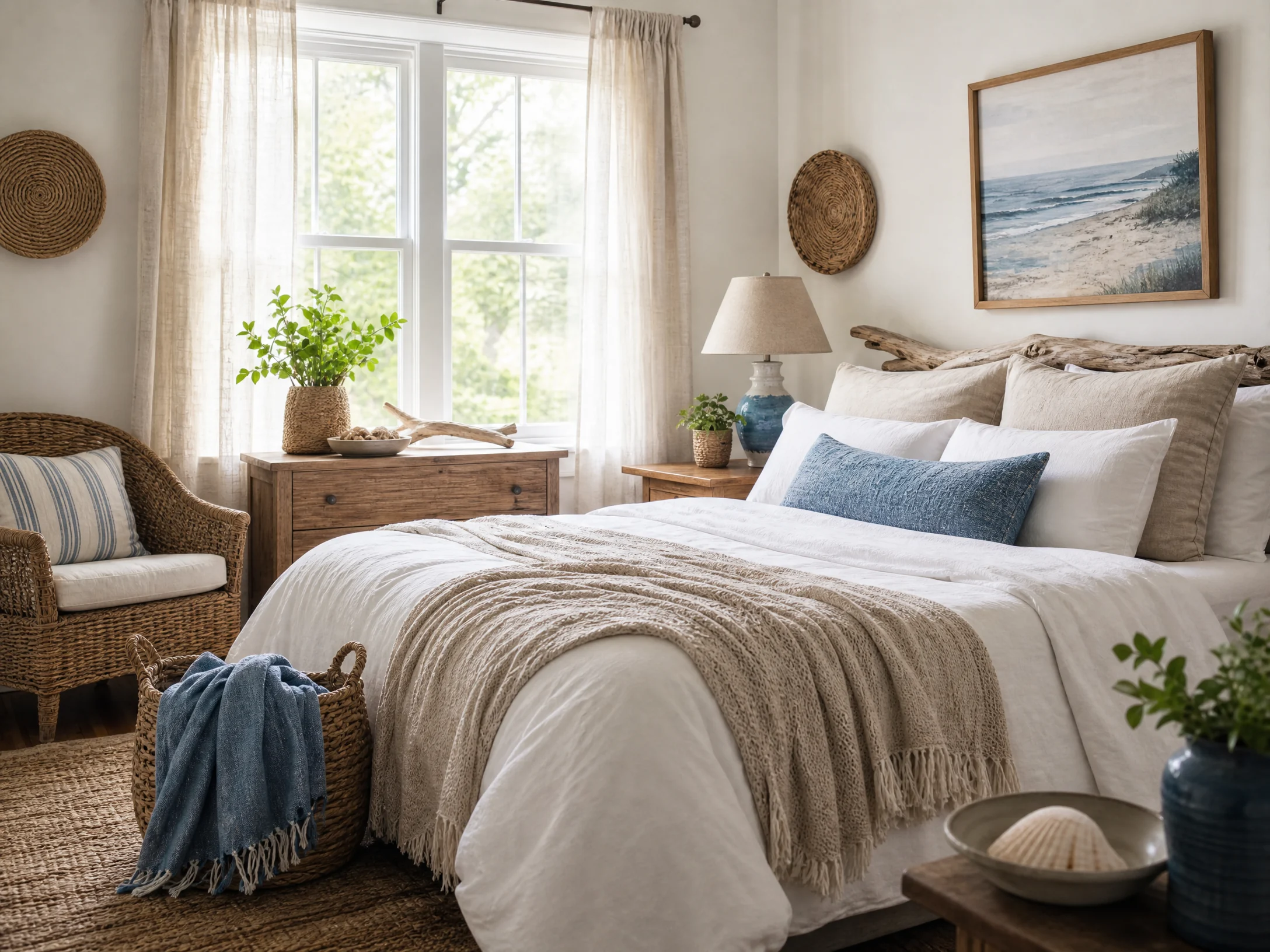 Coastal sand white and sea blue bedroom