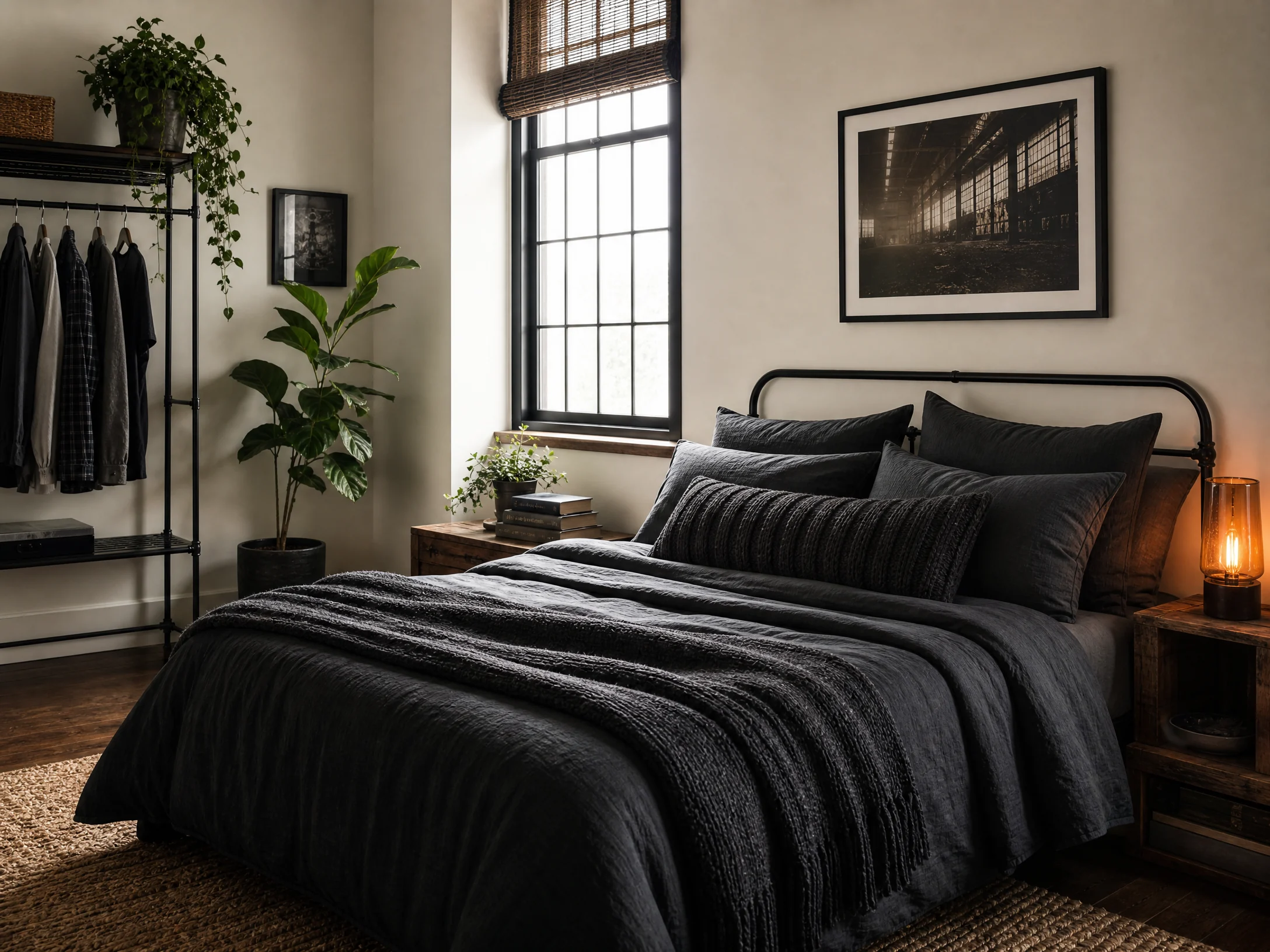Industrial black charcoal and warm white bedroom