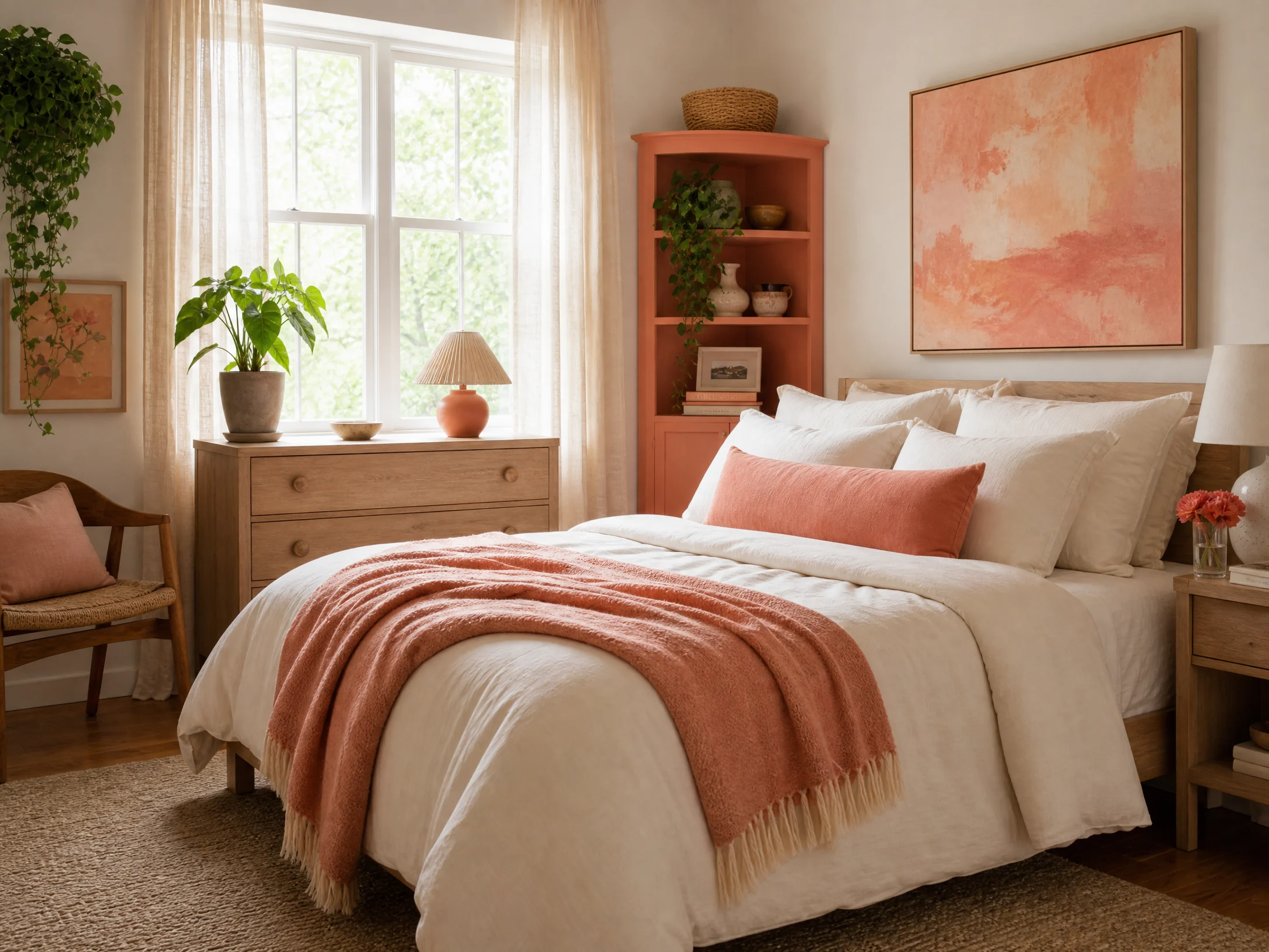 Cheerful coral and peach bedroom
