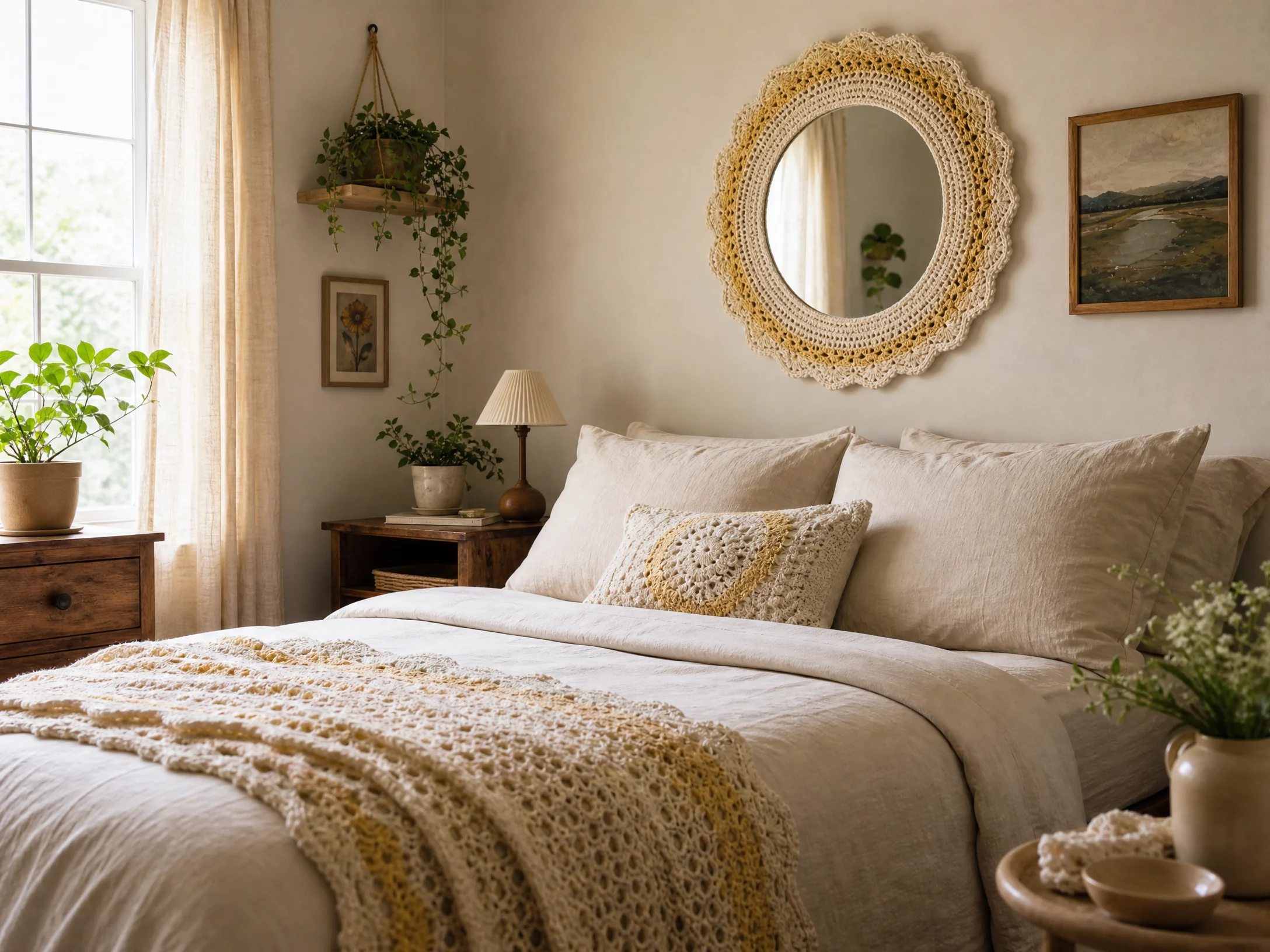 Handmade crochet mirror in a budget bedroom