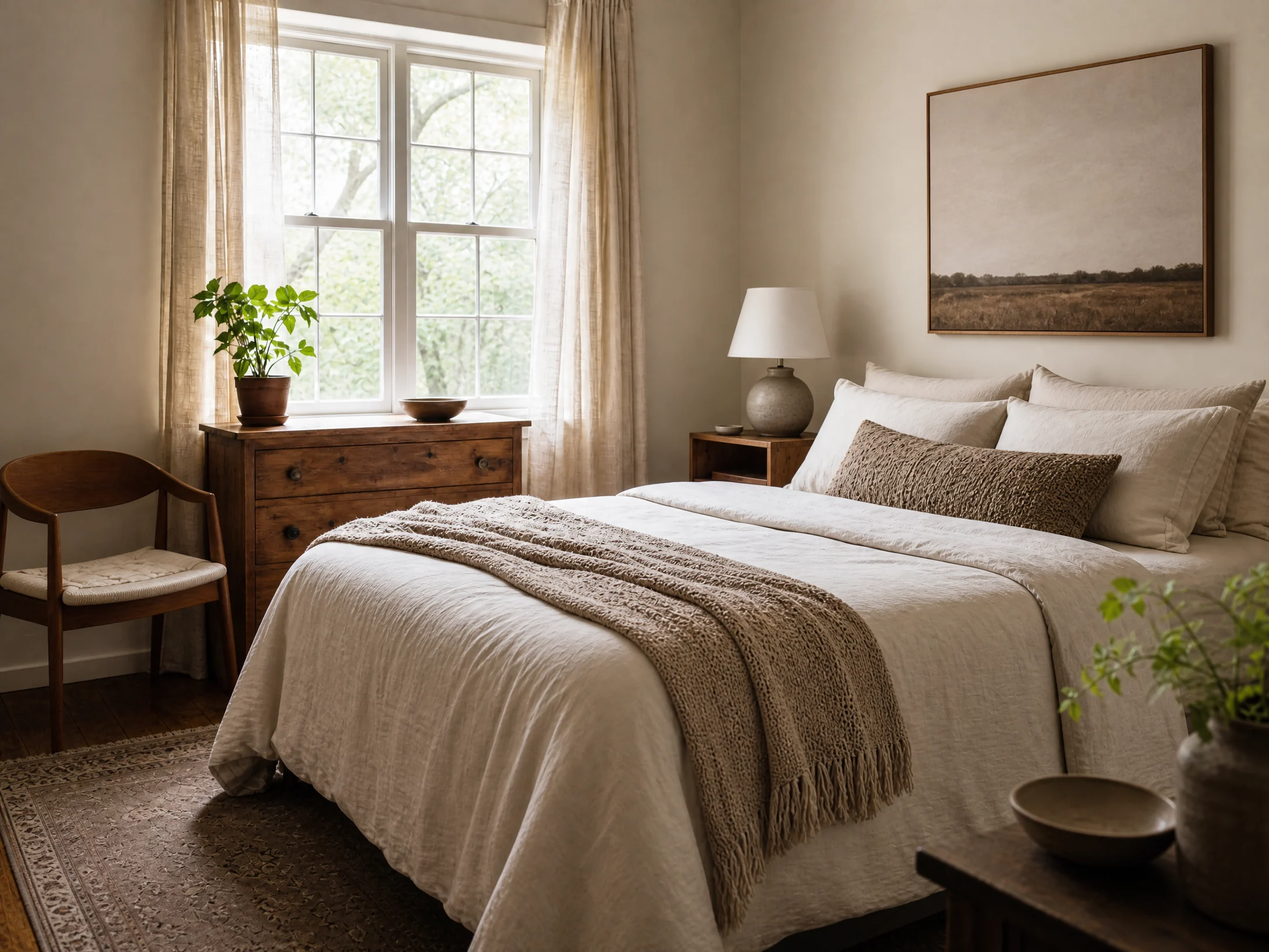 Warm minimalist taupe bedroom