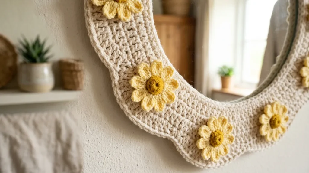 mirror Crochet Daisy Frame in Ivory & Soft Butter Yellow