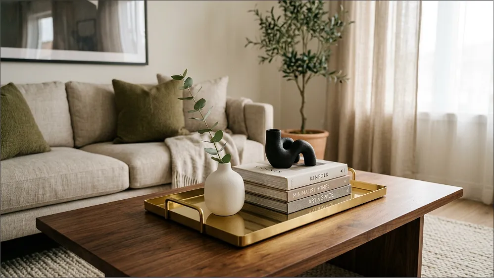 gold tray on coffee table