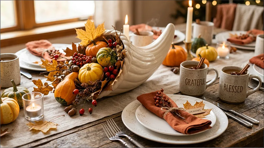 Thanksgiving centerpiece jar with fall accessories