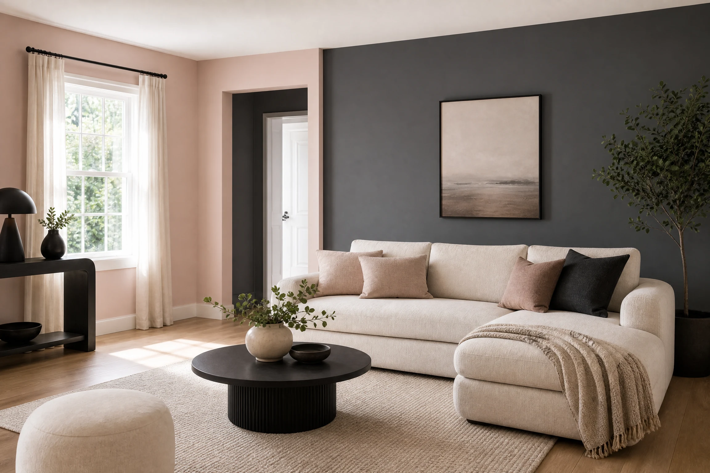 Charcoal gray and blush pink living room