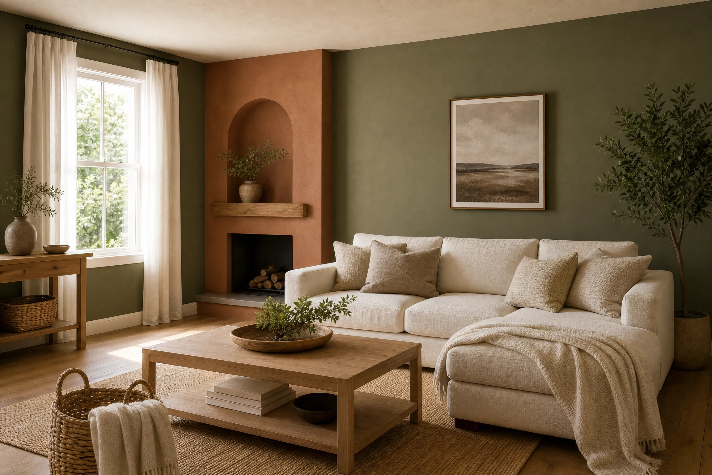 Olive green and terracotta living room