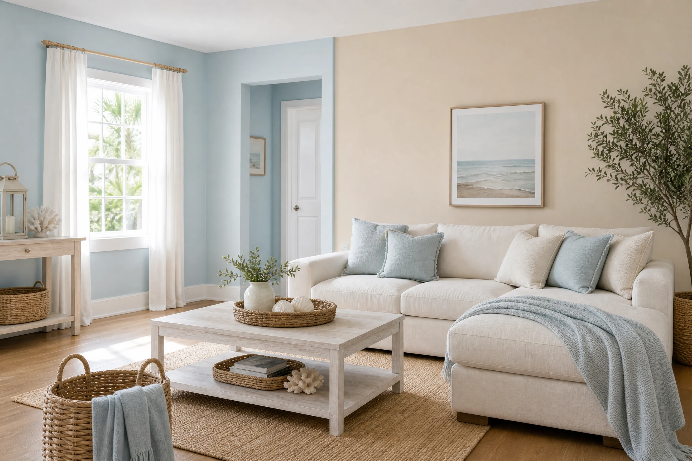 Pale blue and sand living room