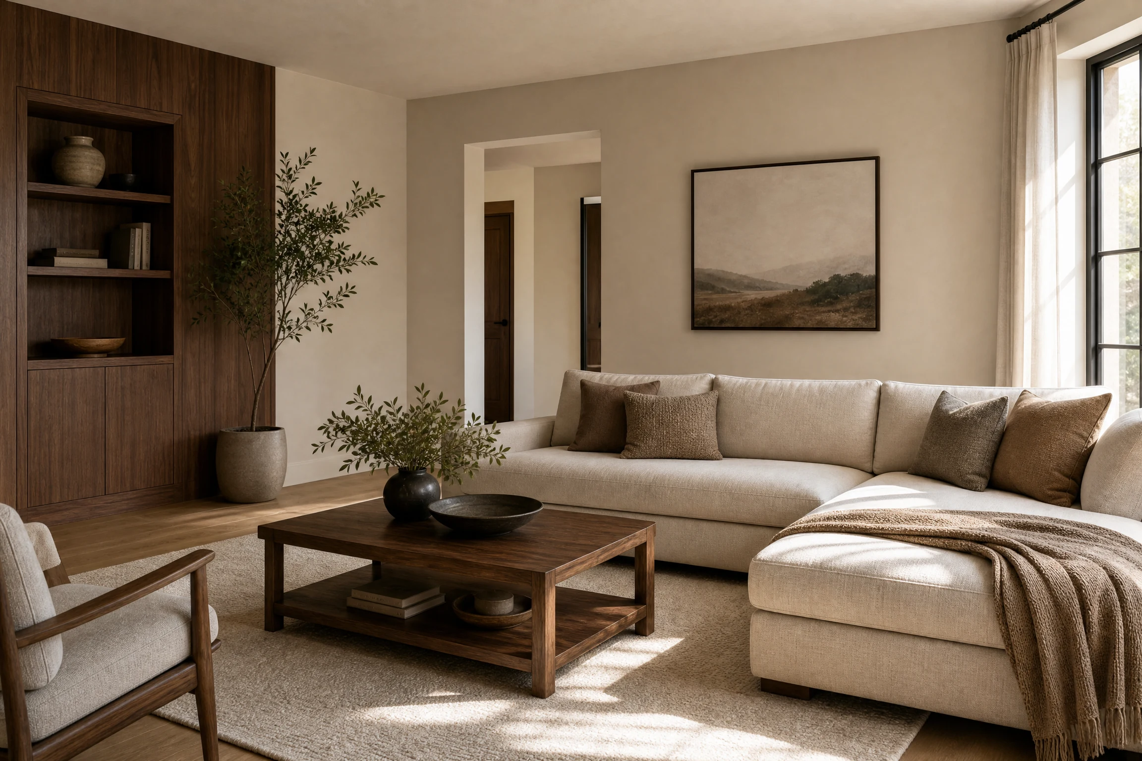 Greige and deep brown living room
