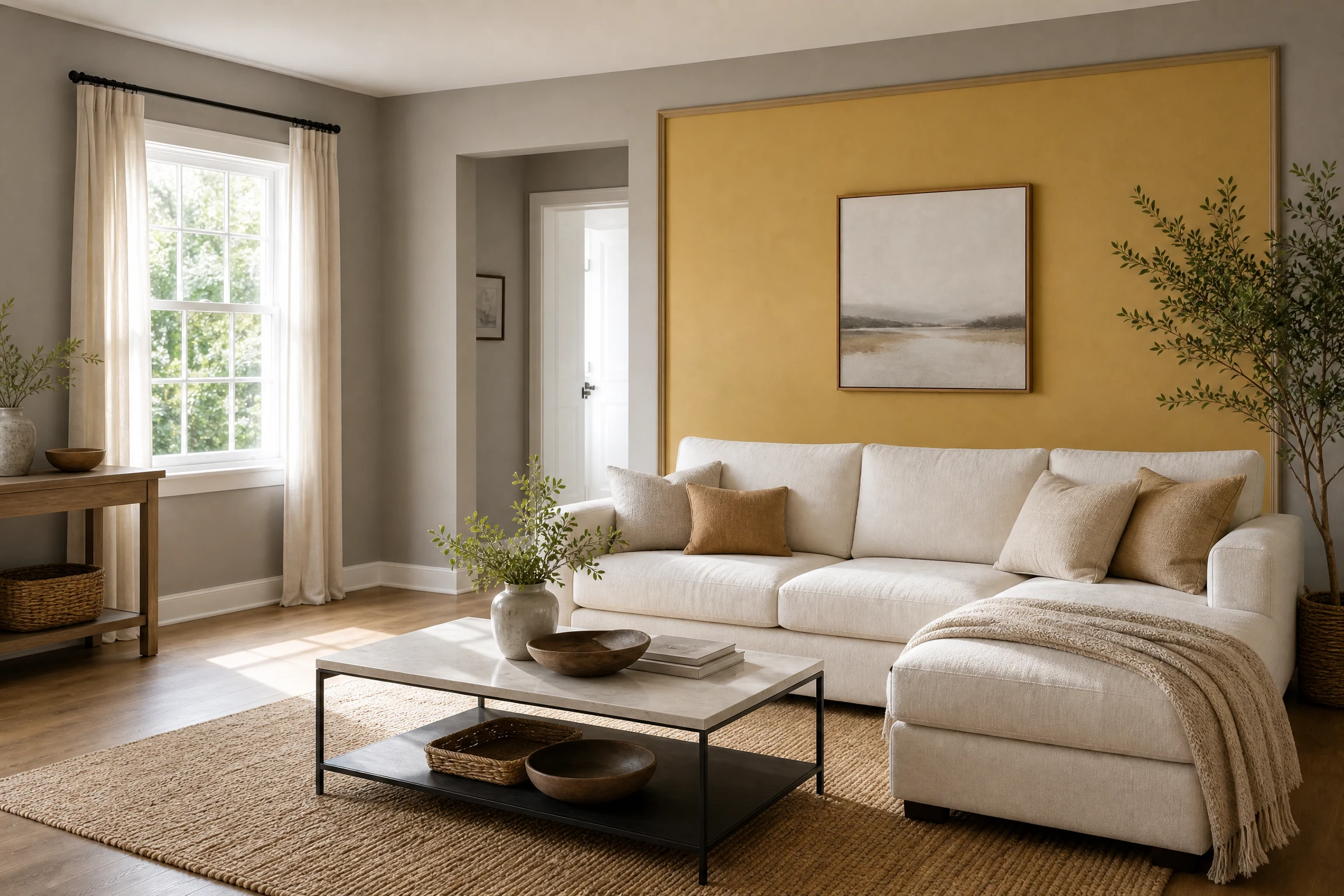 Mustard yellow and warm gray living room