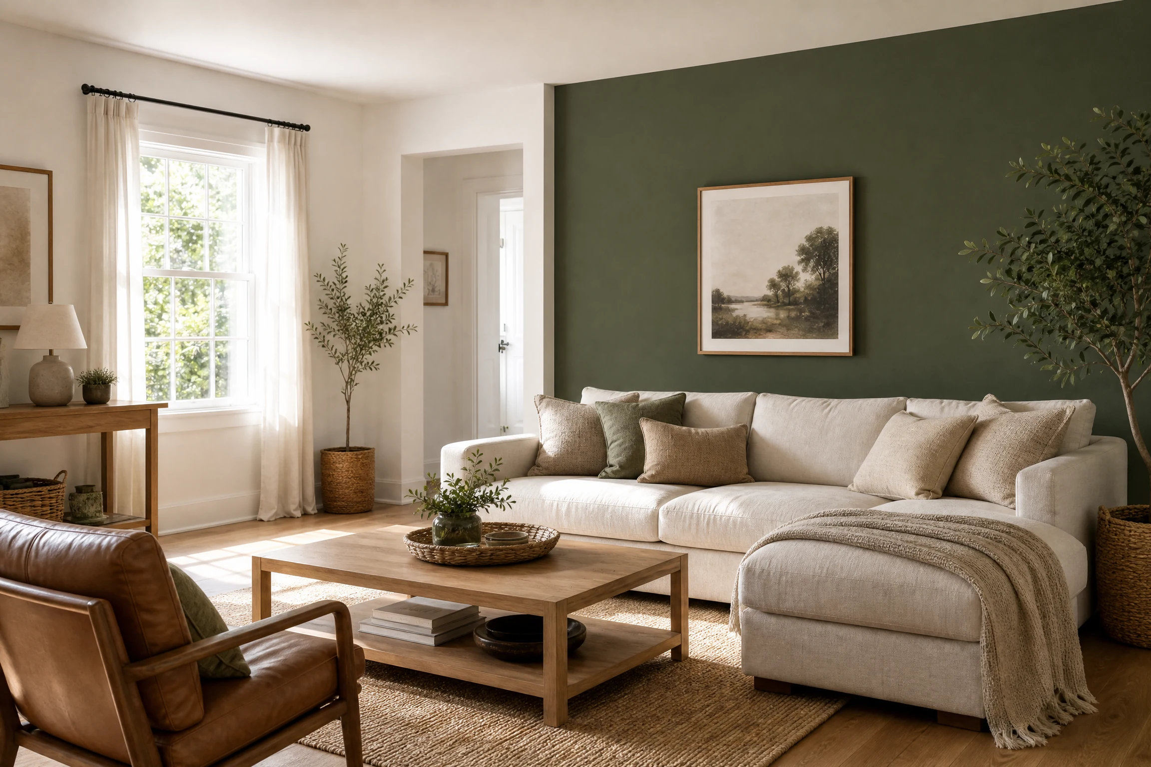 Forest green and warm white living room