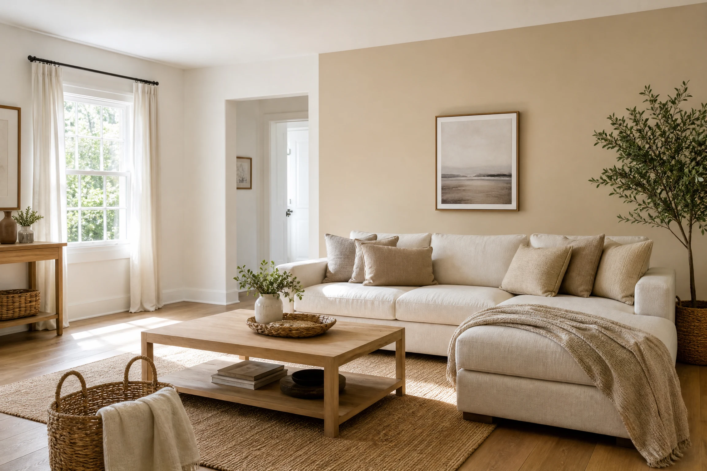 Warm white and soft beige living room
