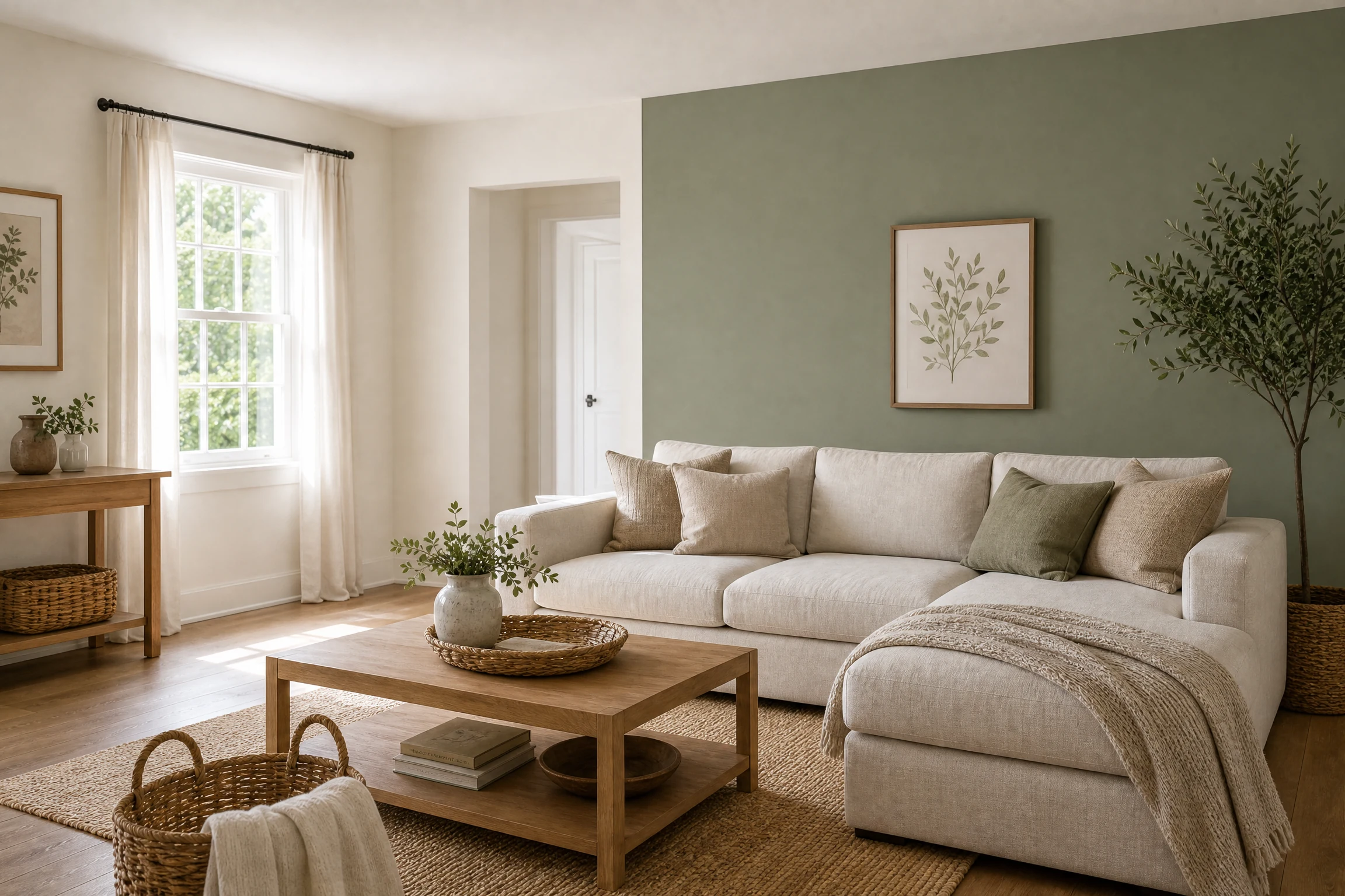 Sage green and cream living room