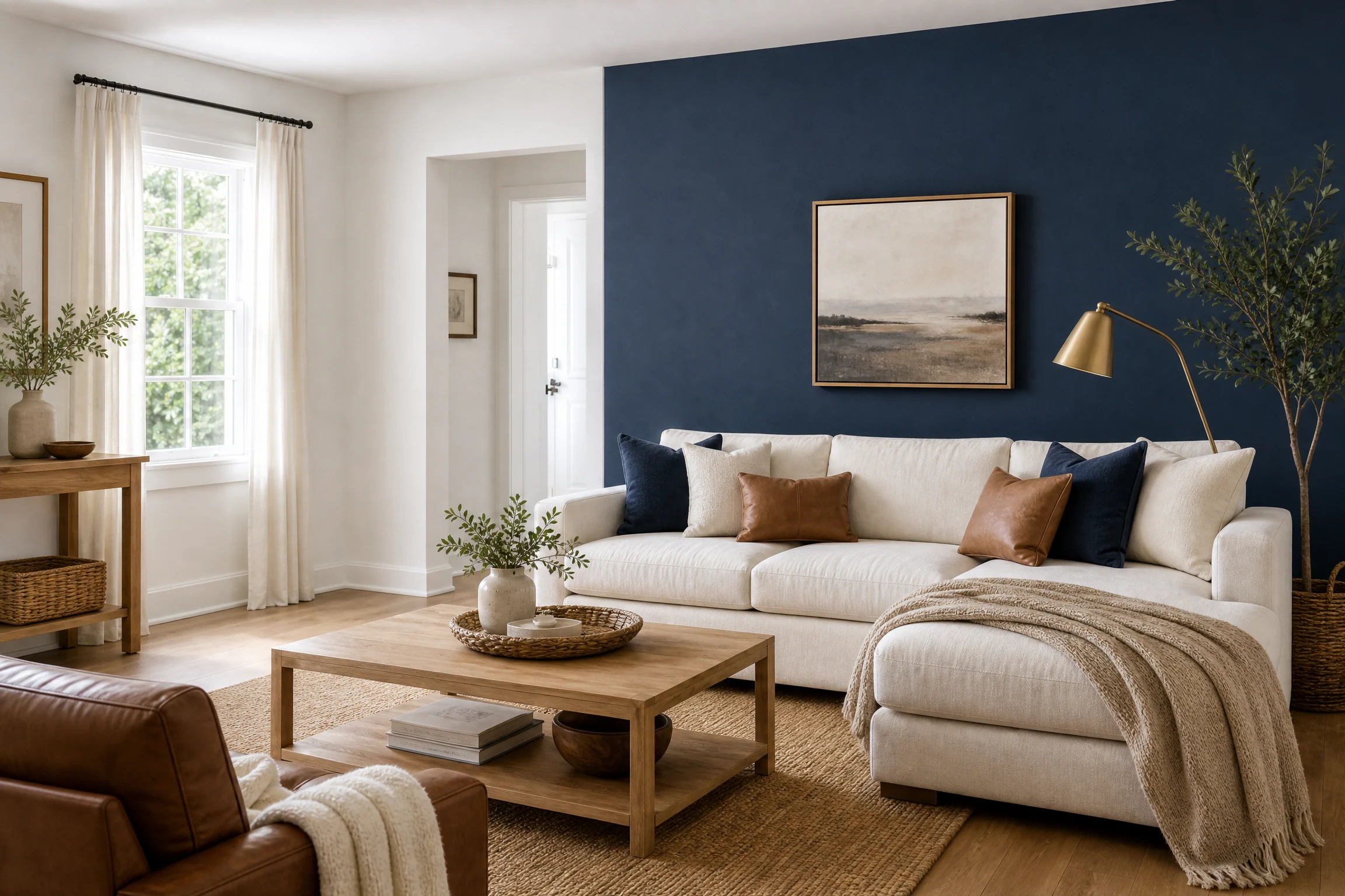Navy blue and crisp white living room