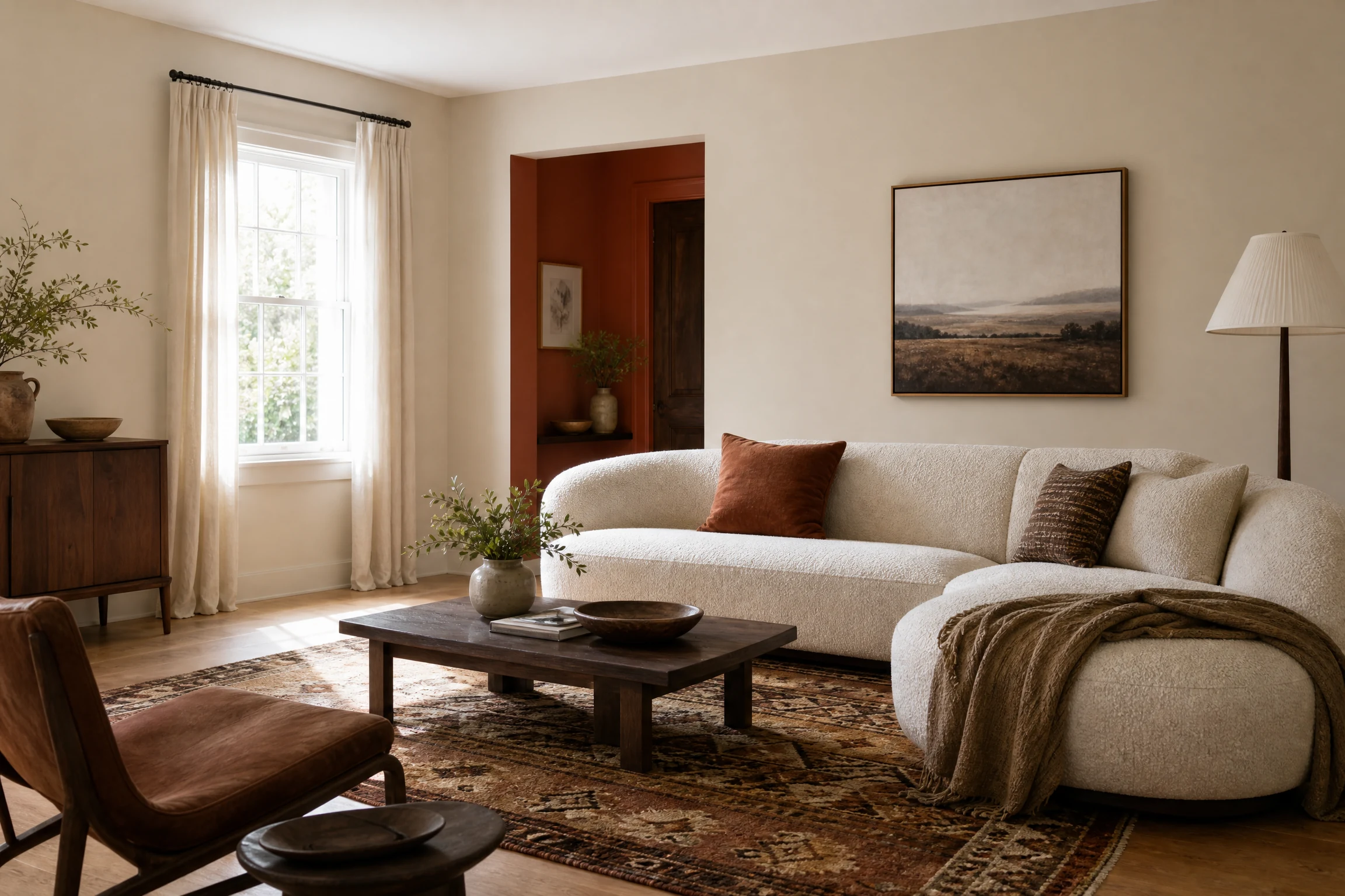 Rust and pale greige living room