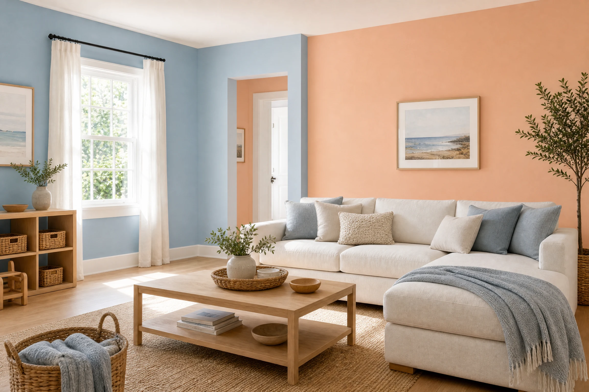 Powder blue and peach living room