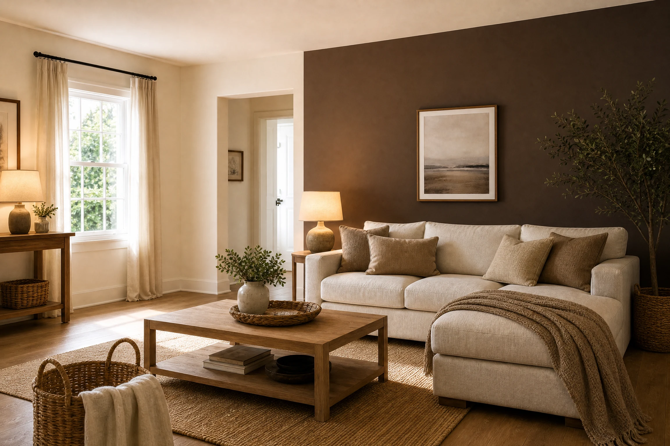 Espresso brown and pale cream living room