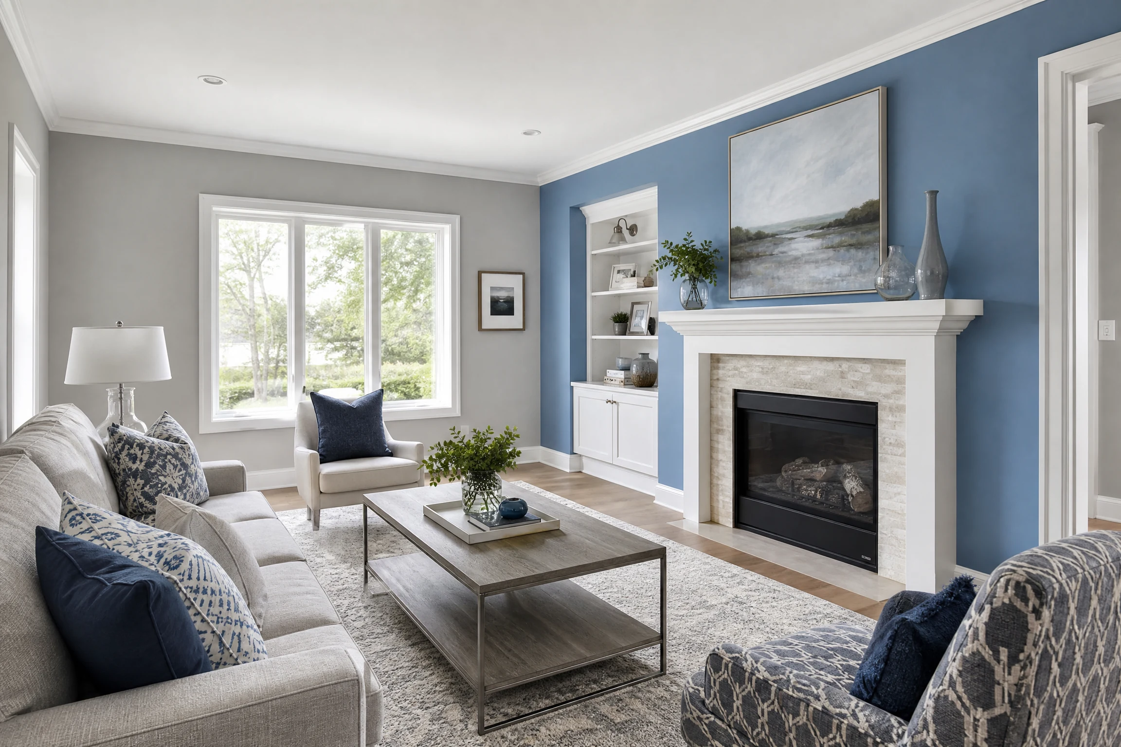 Cornflower blue and soft gray living room