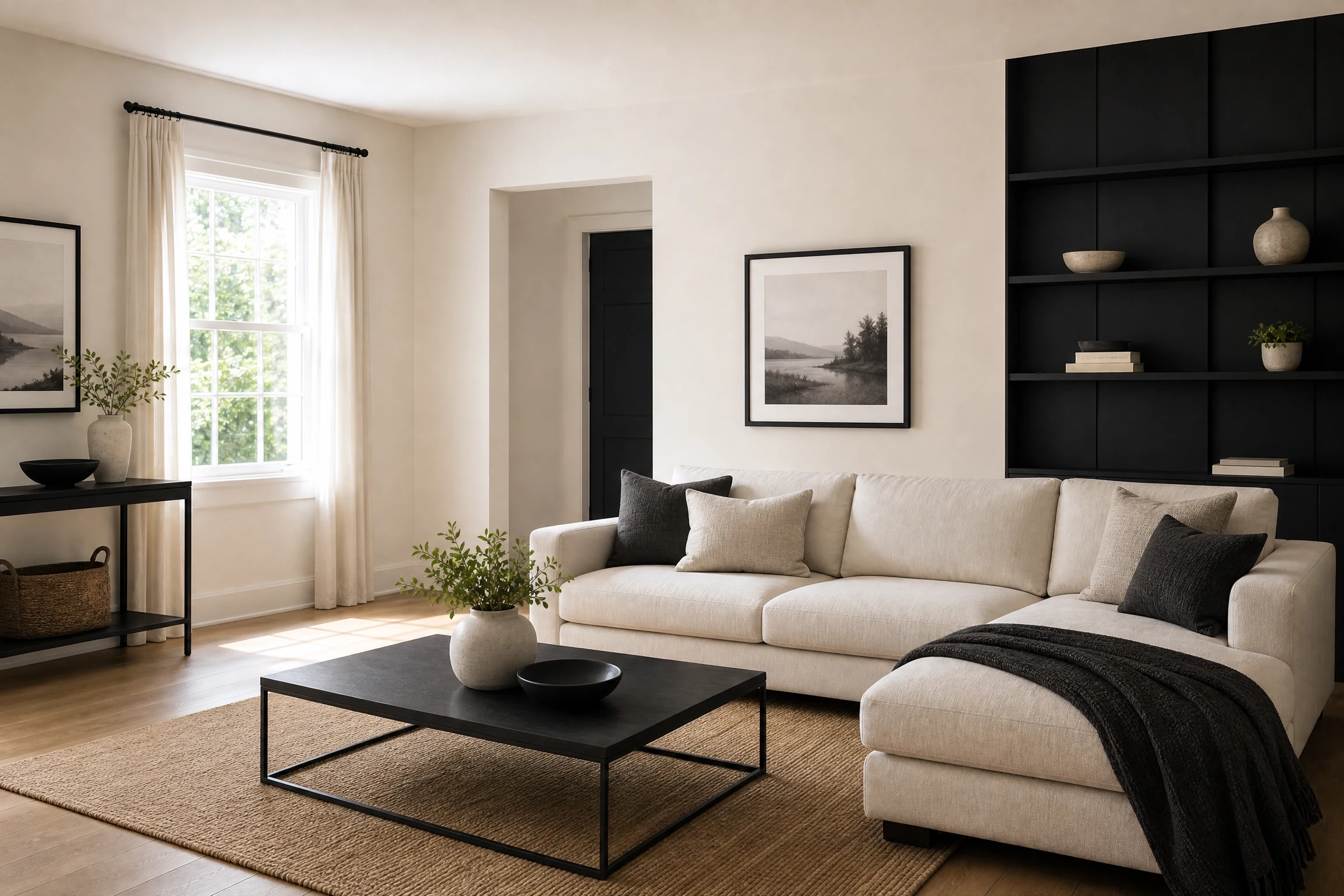 Black and warm ivory living room