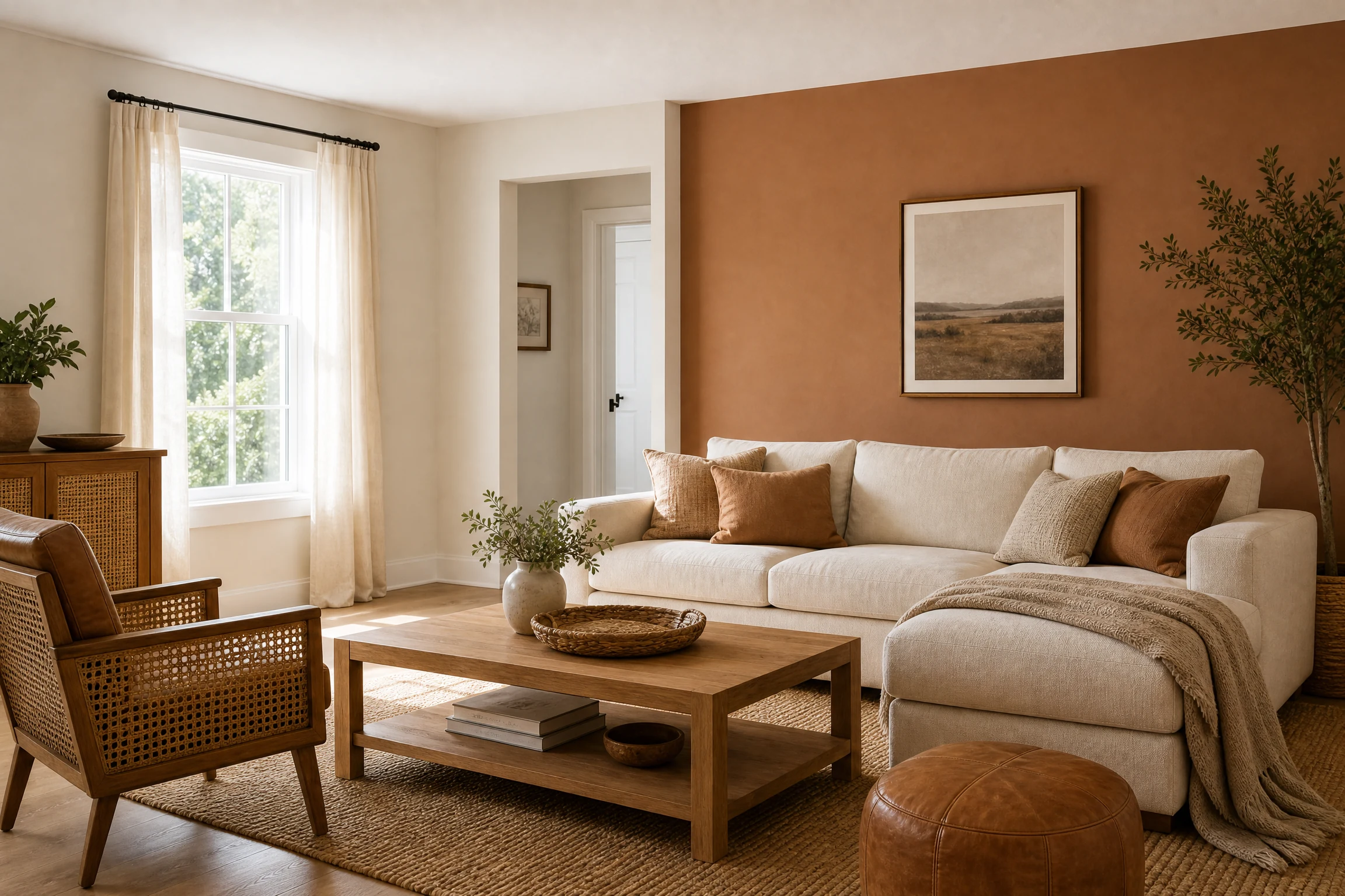 Cinnamon and muted cream living room