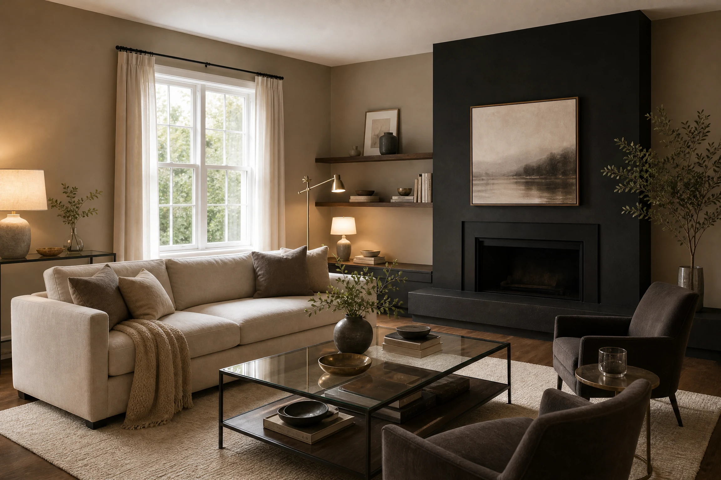 Taupe and matte black living room