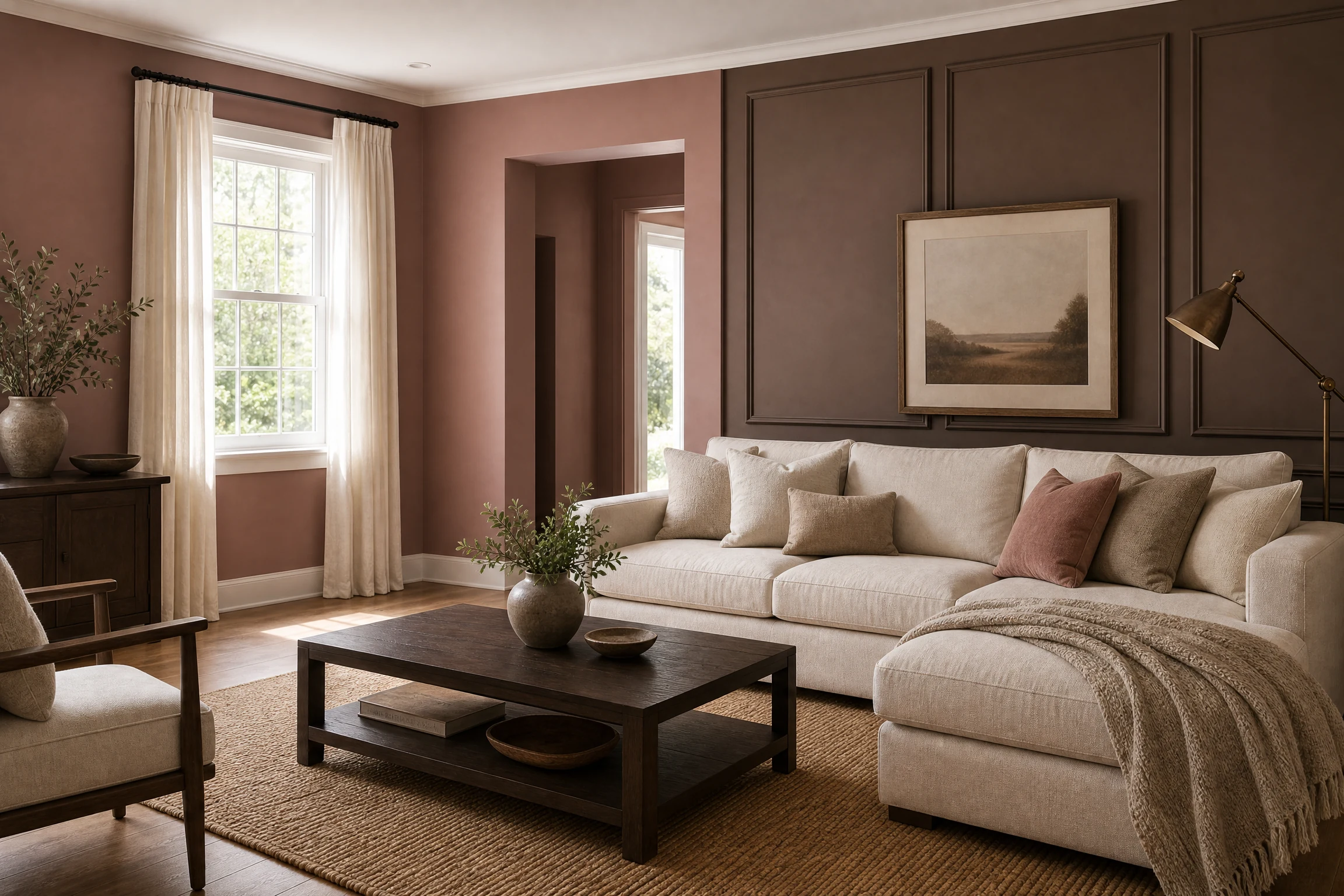 Dusty rose and mocha living room