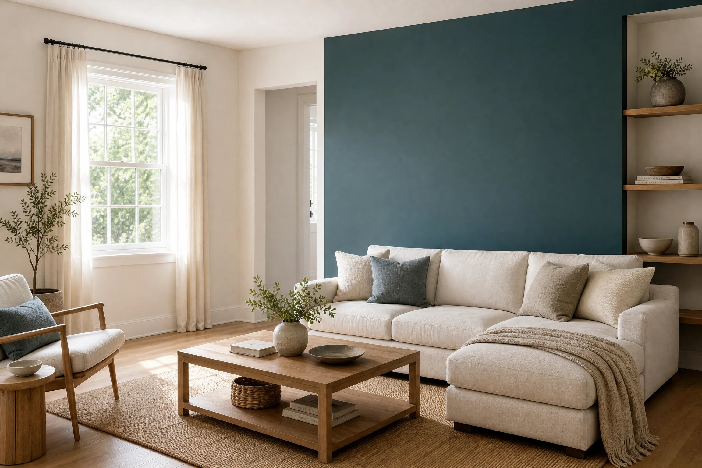 Teal and ivory living room