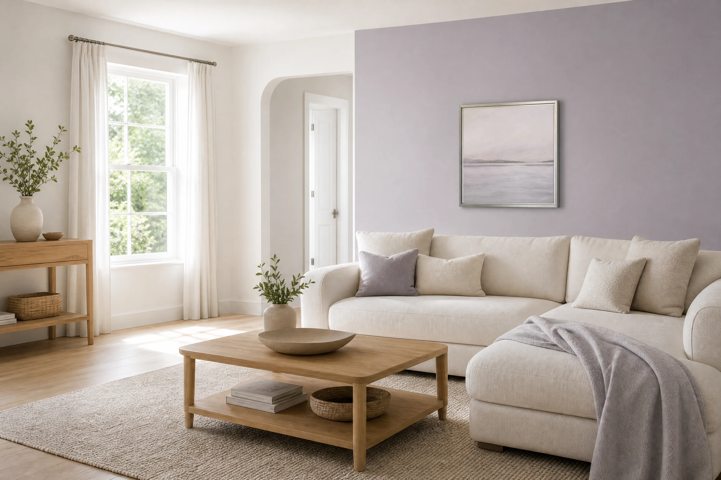 Lavender gray and white living room