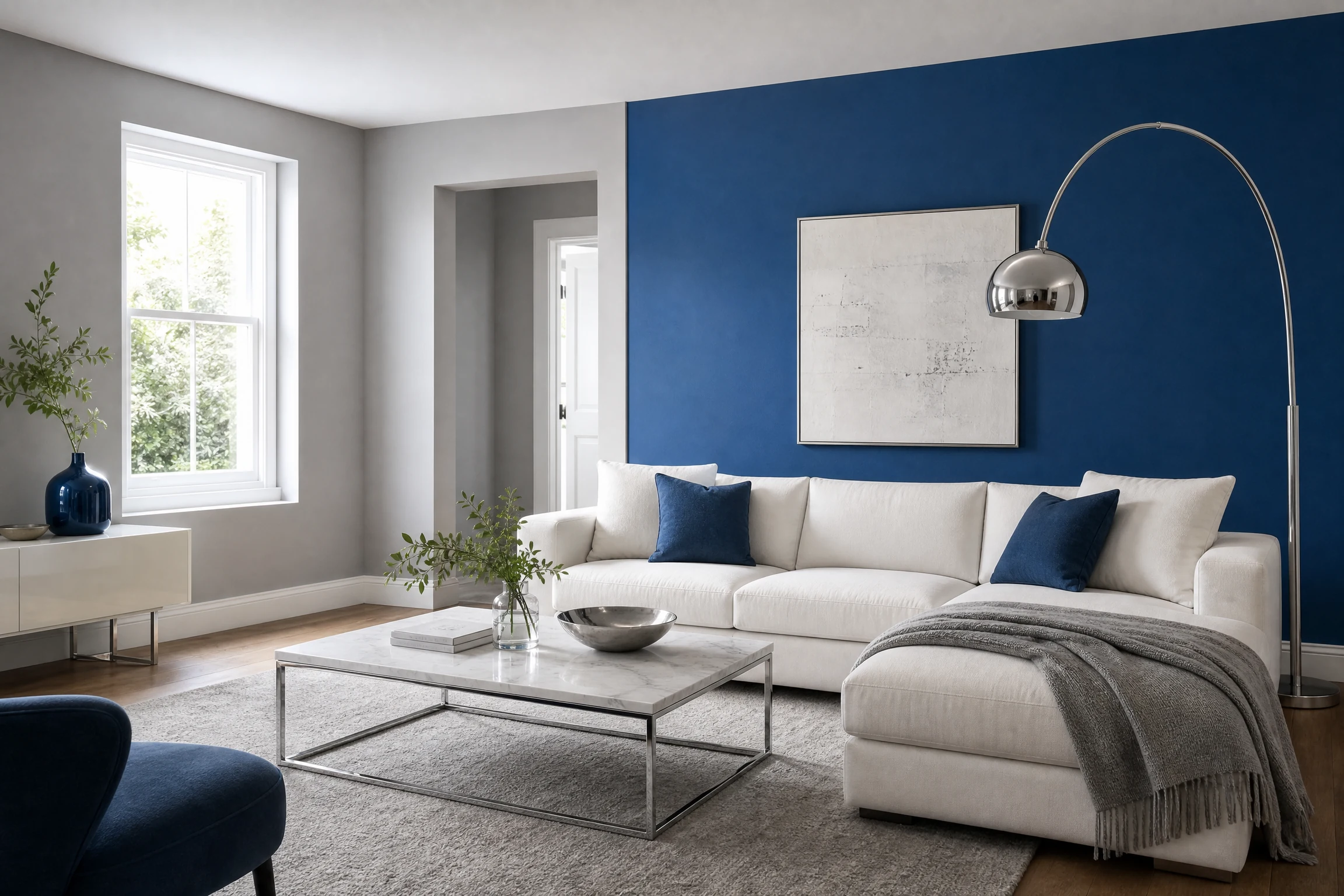 Cobalt blue and soft gray living room