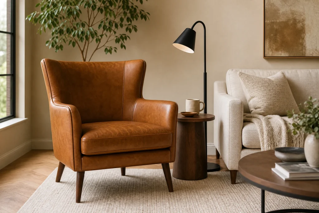 a Camel Leather Chair With a Cream Sofa