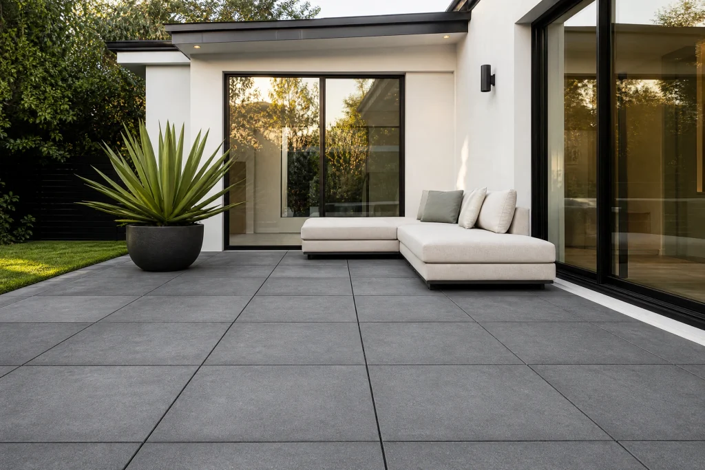 Charcoal grid concrete patio with white trim