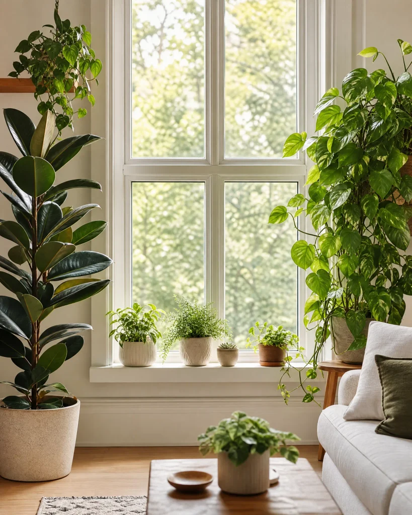 Layered houseplants framing a sunny living room window