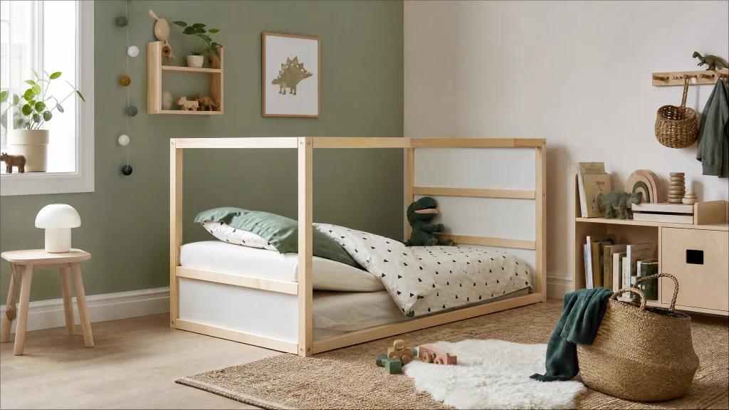 Scandinavian KURA bed in sage green and cream