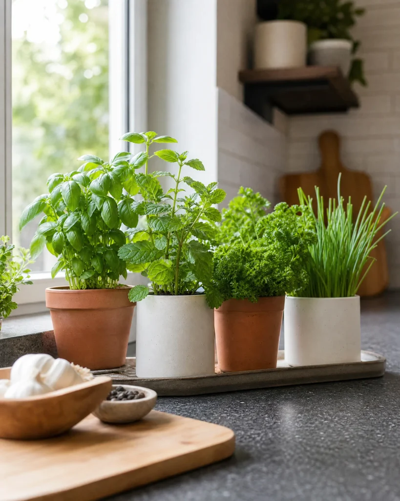 Compact indoor herb garden with basil, mint, parsley, and chives on a kitchen counter