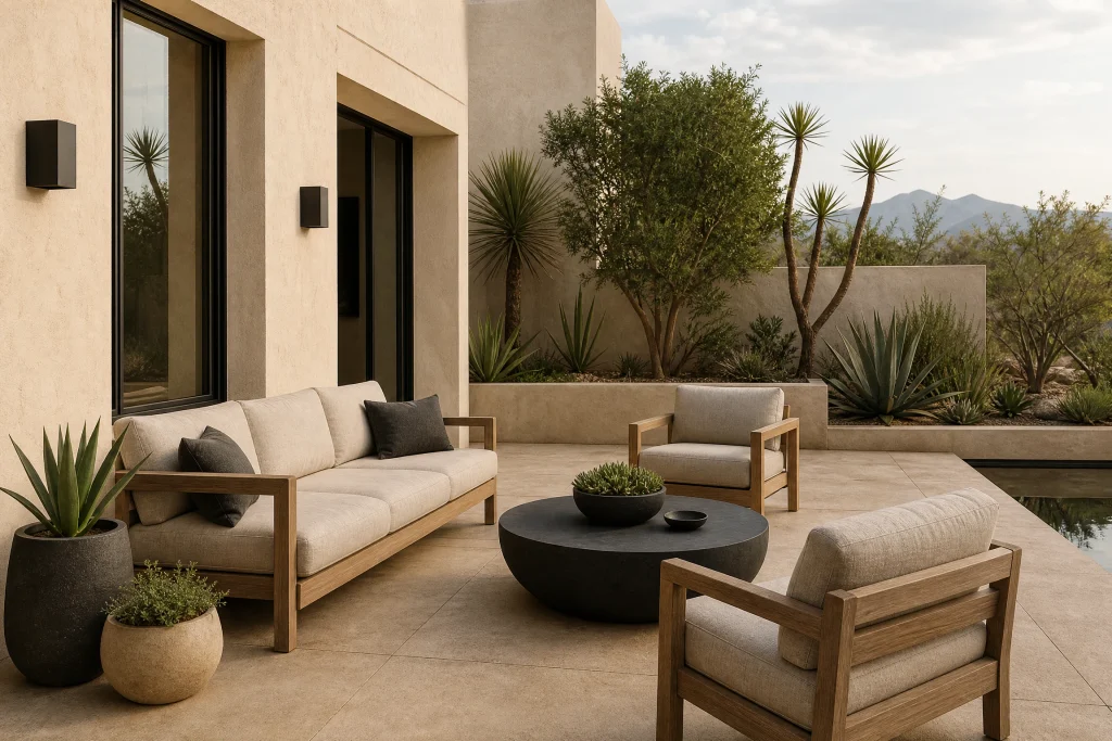 Warm sand-colored concrete lounge patio