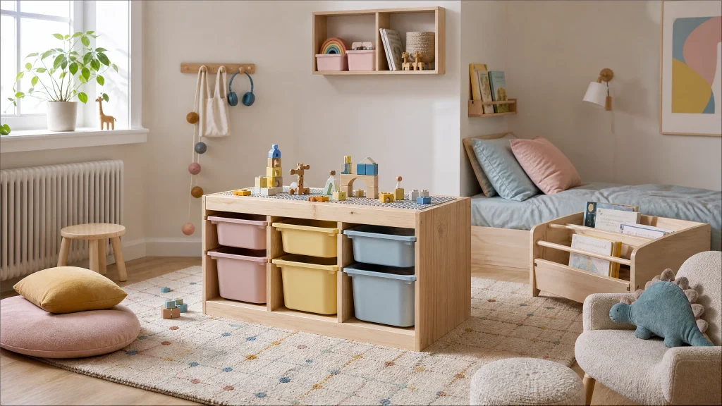 Pastel TROFAST playroom bedroom with LEGO table