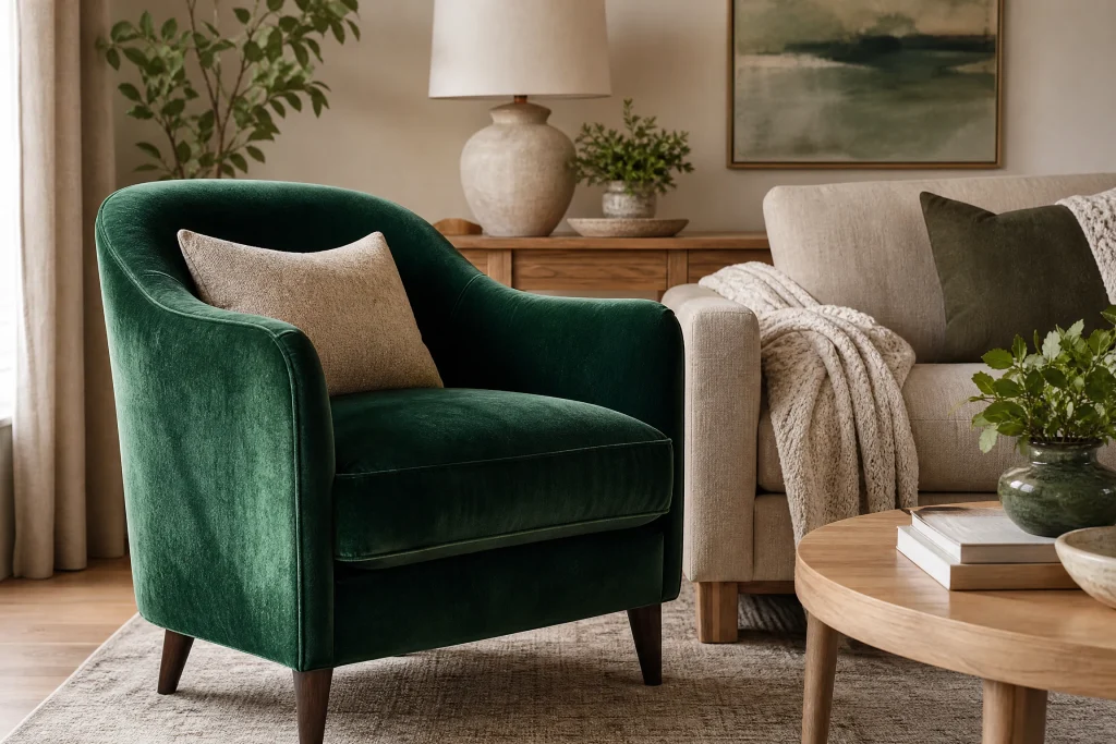 Emerald Green Velvet Against Warm Neutrals