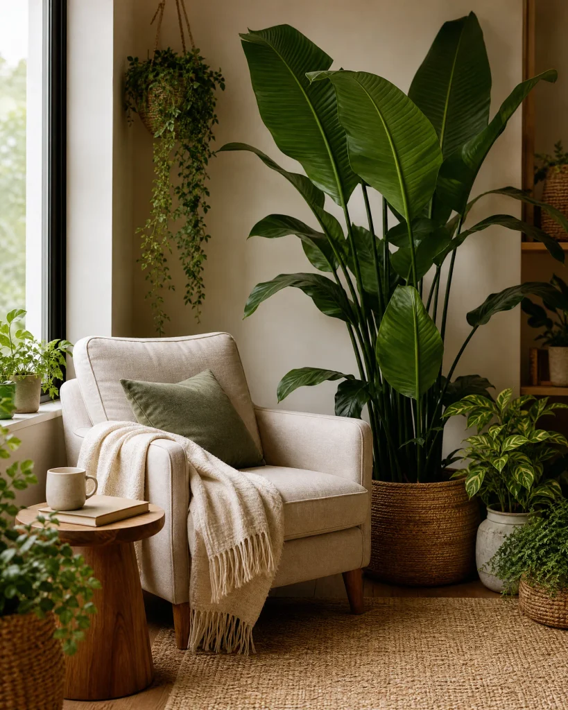 Relaxing plant room nook with a reading chair and potted greenery