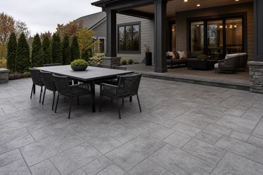 Stamped slate-look concrete entertaining patio