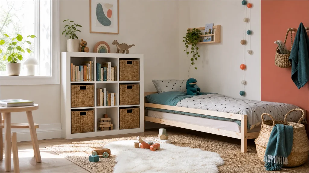 KALLAX cubby wall in coral and teal kids room