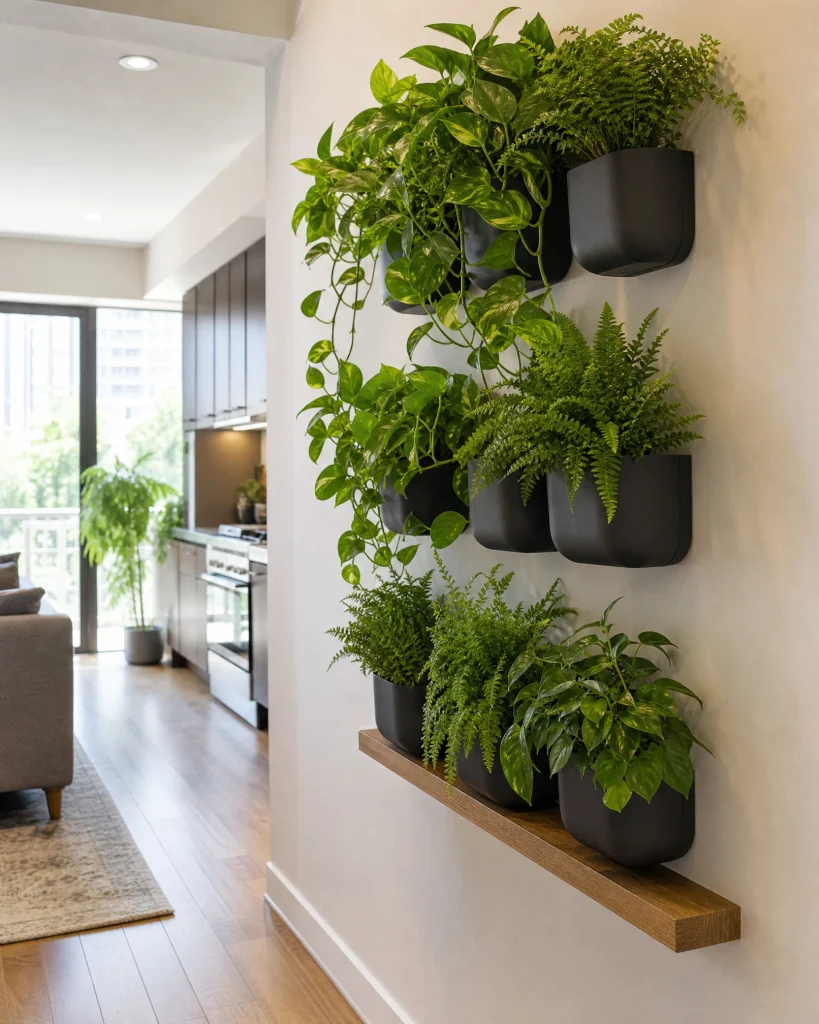 Vertical indoor plant wall with trailing vines in a small apartment
