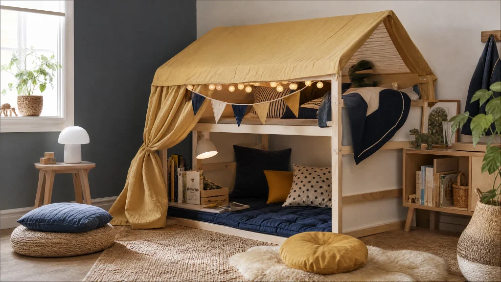 KURA play fort with mustard canopy and navy bedding