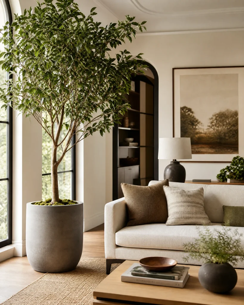 Modern living room decorated with a tall indoor tree in a ceramic planter