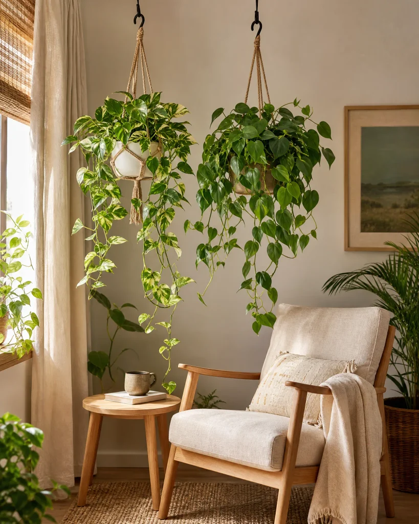Hanging trailing plants displayed above a cozy reading chair