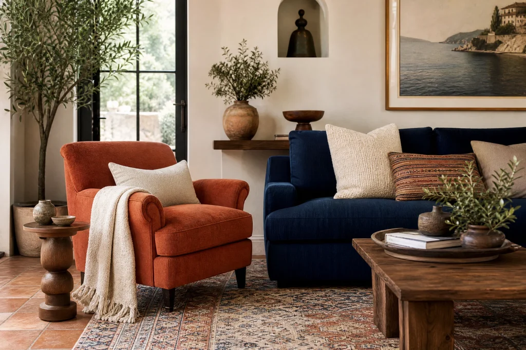 Navy Sofa With Terracotta Seating