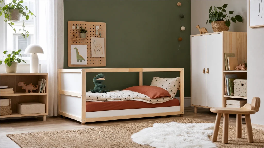 Green kids bedroom with pine furniture and terracotta accents
