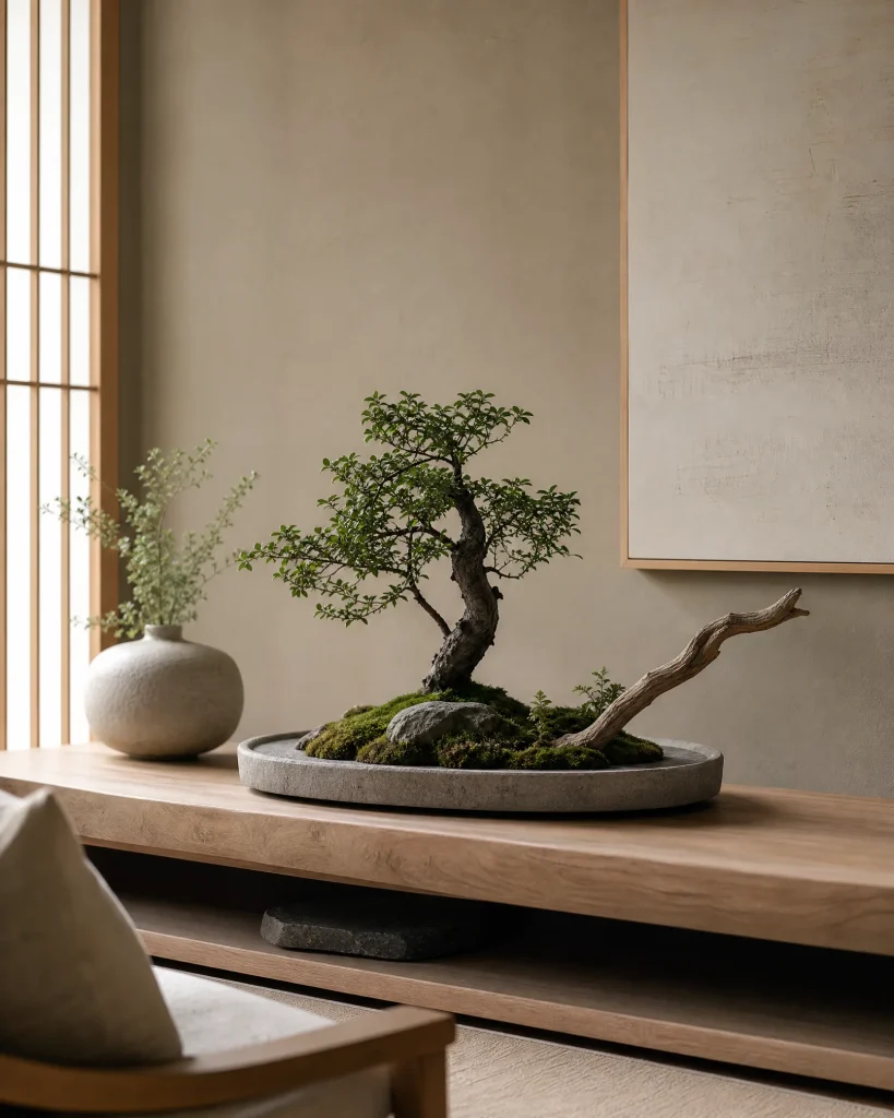 Japandi-inspired indoor Zen garden with natural stones and bonsai-style plant