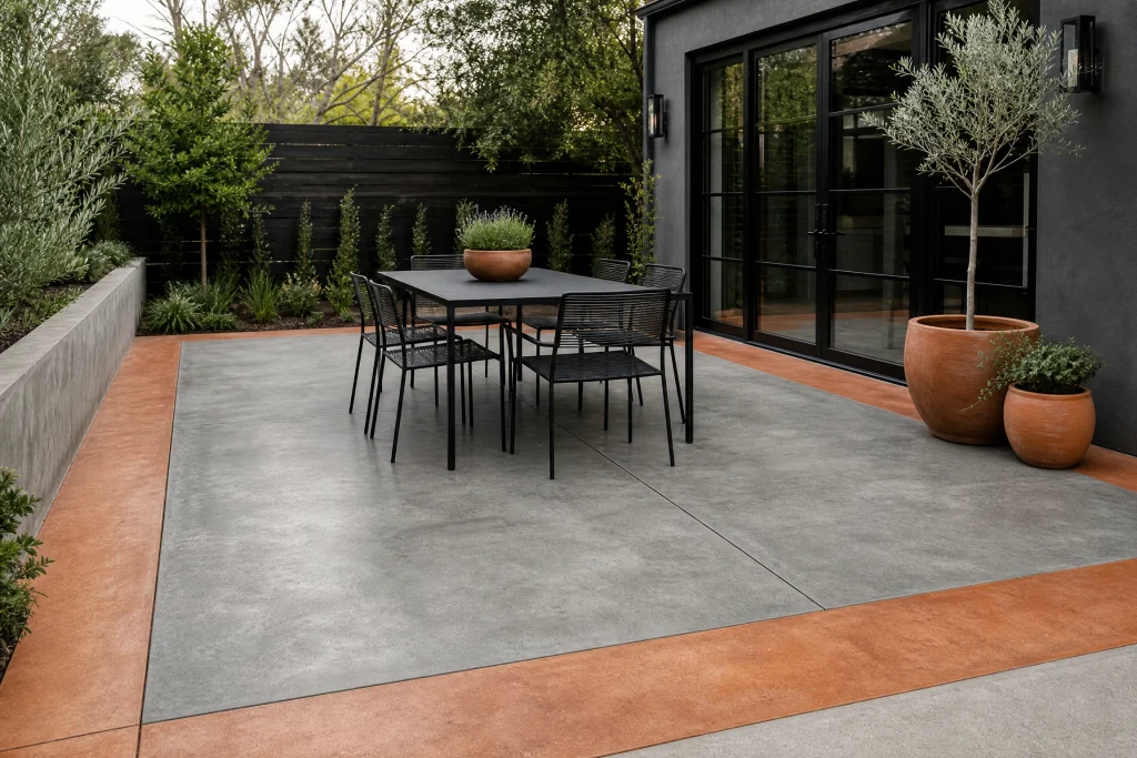 Terracotta bordered cool gray concrete patio