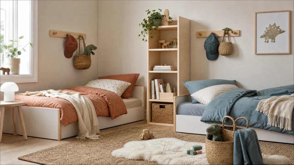 Shared sibling bedroom with terracotta and dusty blue beds