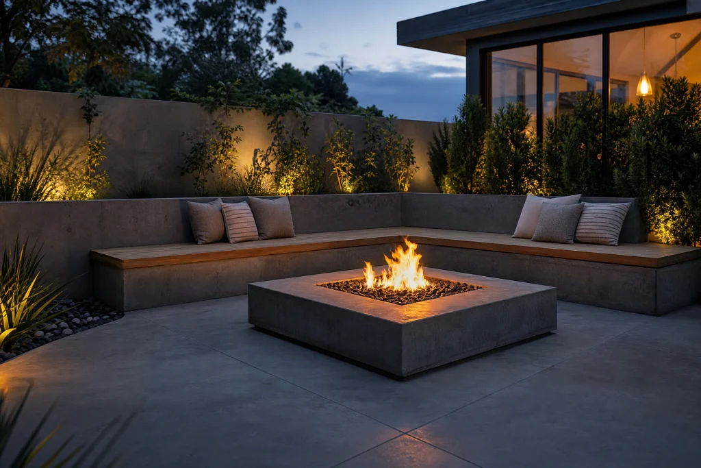Built-in concrete bench around modern fire pit